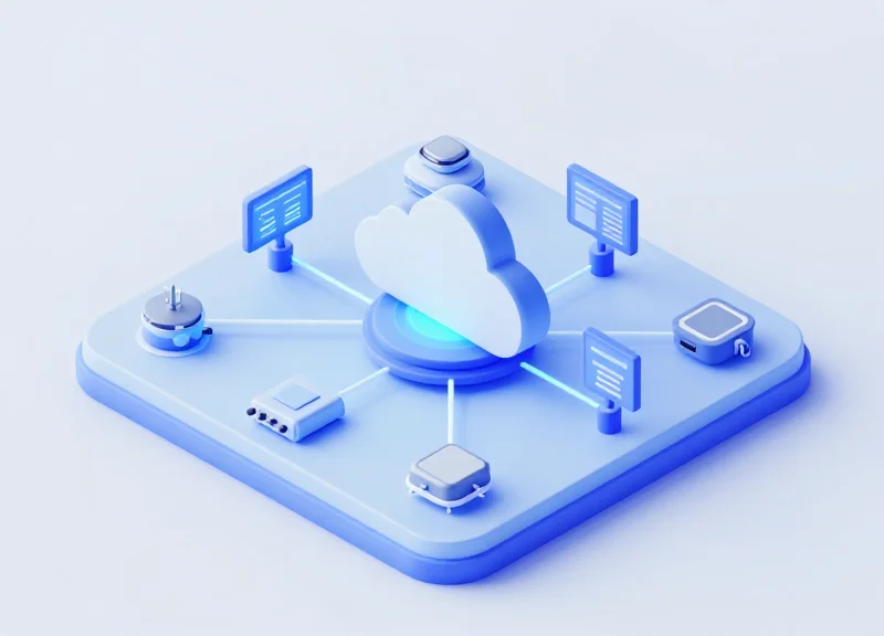Isometric 3D view of a retail hardware network connected to a central cloud server.