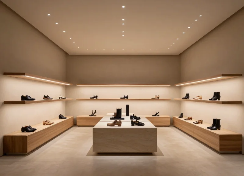 An elegant luxury shoe showroom with minimalist digital displays and premium furniture.