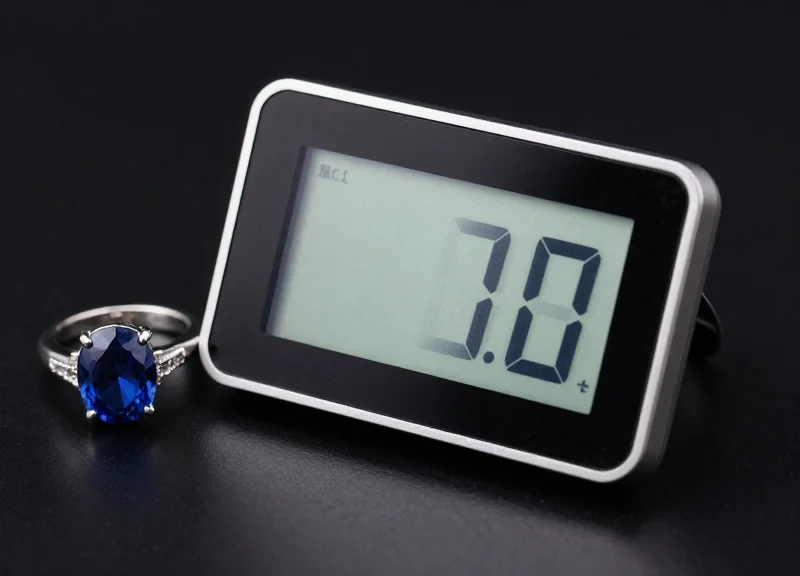 A high-resolution electronic shelf label next to a luxury sapphire ring on a black polished surface
