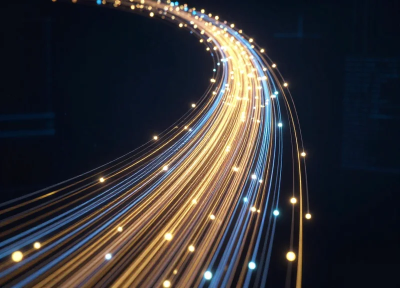 Abstract visualization of upward trending light trails and glowing data nodes