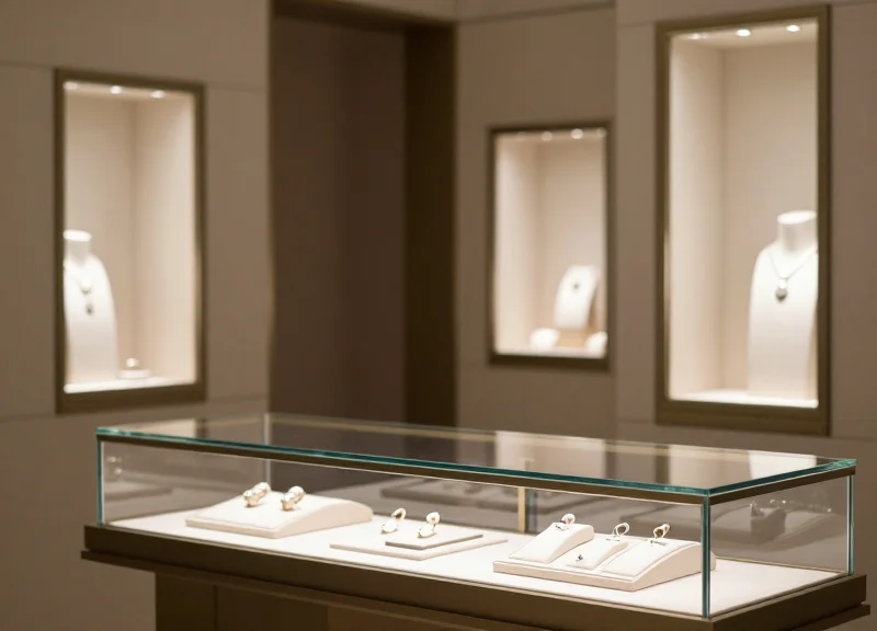 An elegant jewelry showcase in a high-end boutique