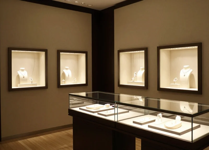 A high-end modern jewelry store interior with minimalist displays and elegant lighting.