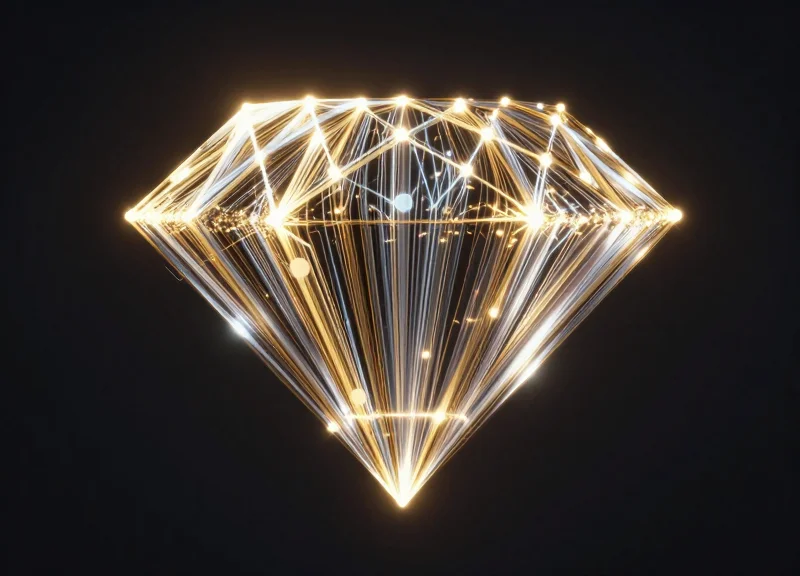 Abstract digital data streams flowing in the shape of a diamond silhouette.