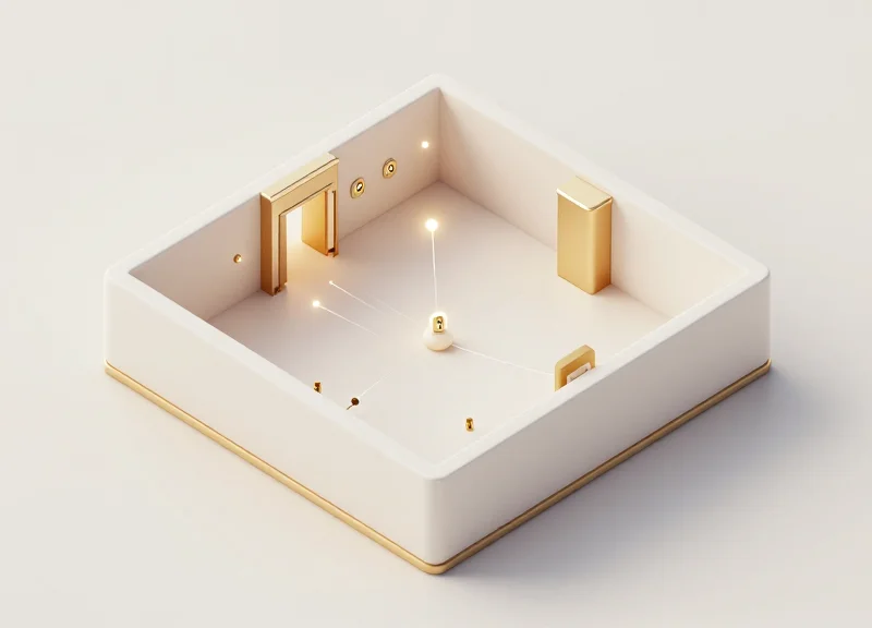 Isometric 3D model of a jewelry store layout with connected digital security nodes.