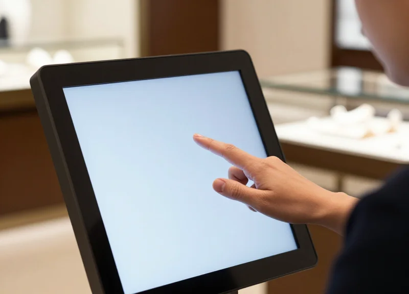 A customer interacting with a sleek digital display mirror in a jewelry boutique.