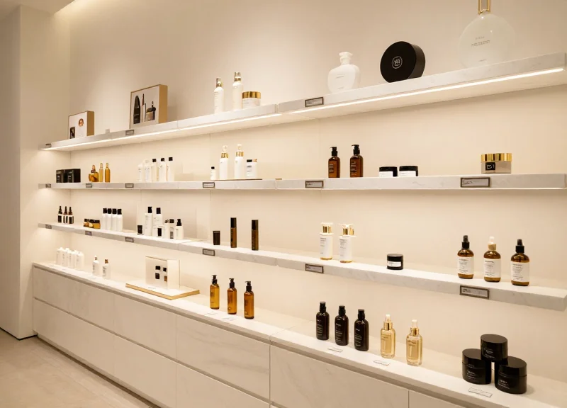 A luxury beauty boutique interior with modern electronic shelf labels on marble counters.