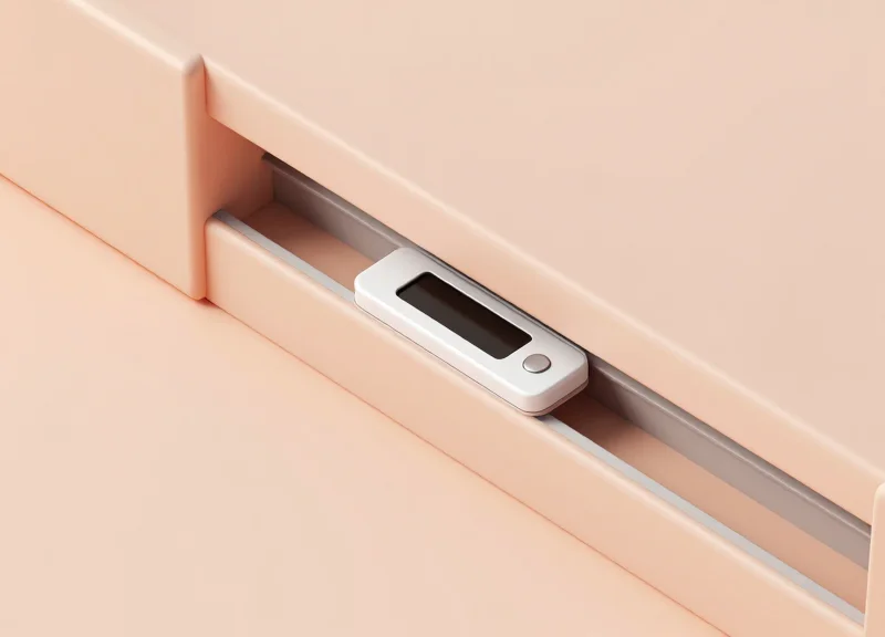 3D isometric model of a boutique shelf showing an integrated electronic label mounting system.