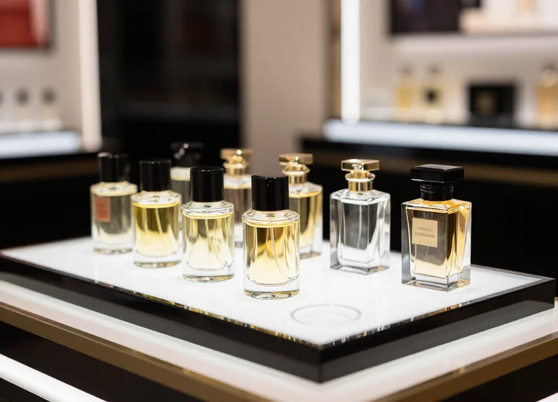 Close-up of a high-end cosmetic counter with missing product testers