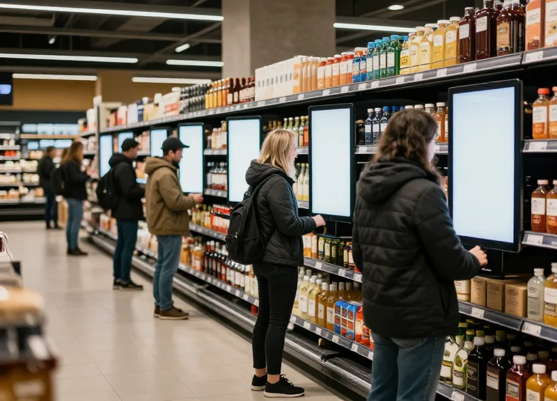 A modern high-tech grocery store aisle with shoppers interacting with blank digital shelf displays under soft cinematic lighting.