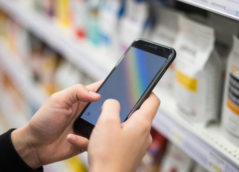 Close-up of a person scanning a product on a shelf with a smartphone displaying abstract data patterns.