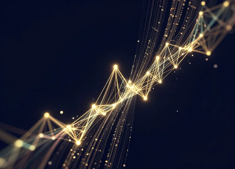 Abstract visualization of rising data streams and glowing nodes representing success metrics.