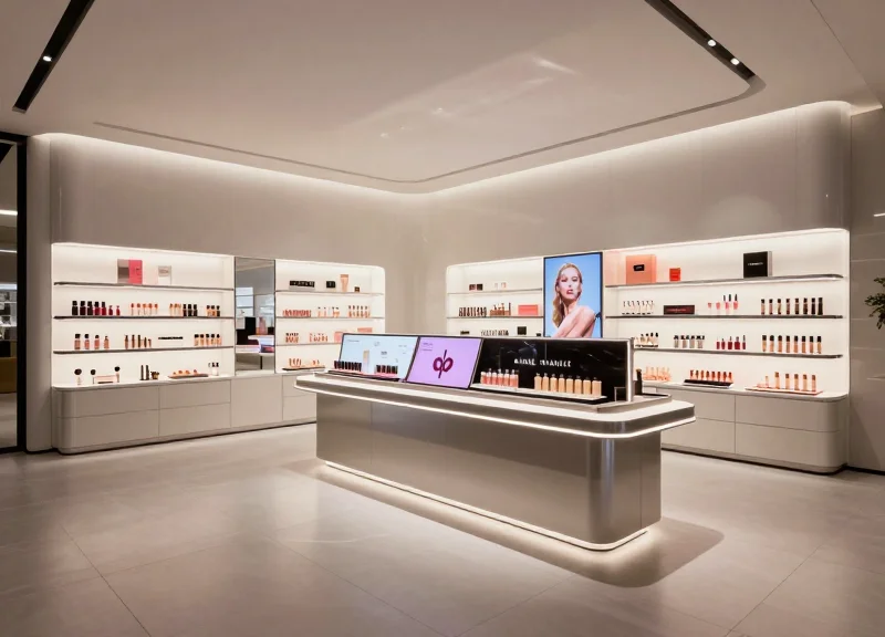 A futuristic and elegant beauty store with glowing digital displays and sleek shelves in 2026.