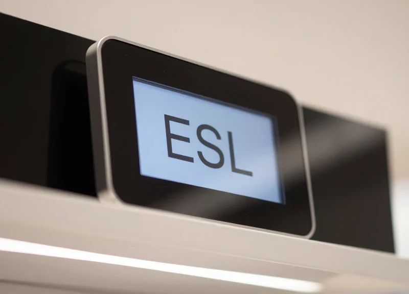 A close-up of a high-tech electronic shelf label on a premium cosmetic shelf.