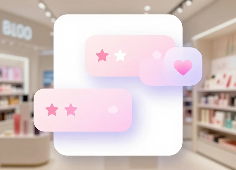 An abstract UI concept showing social proof and ratings for beauty products.