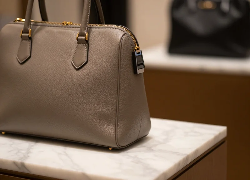 A luxury leather handbag on a minimalist marble stand with a sleek digital label, in a high-end boutique setting.