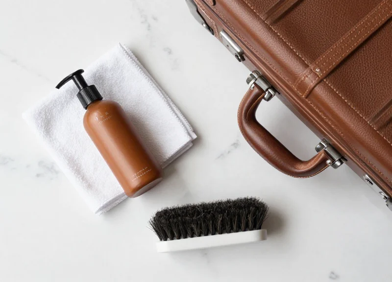 Organized flat lay of premium luggage maintenance tools and leather care products.