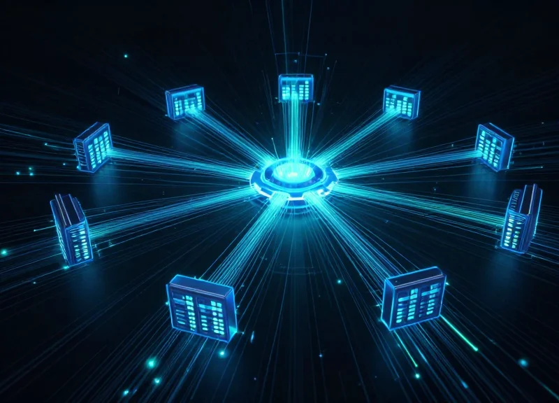 Digital data streams flowing from a server to multiple retail display units.