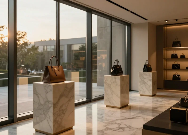 Modern high-end luxury boutique interior with minimalist display and soft cinematic lighting