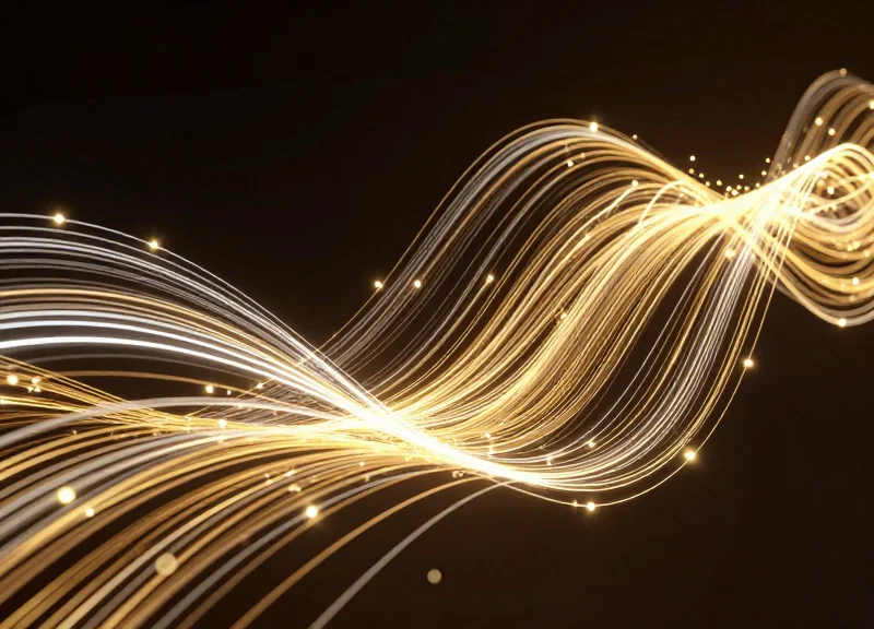 Abstract luxury data visualization with glowing nodes and golden streams