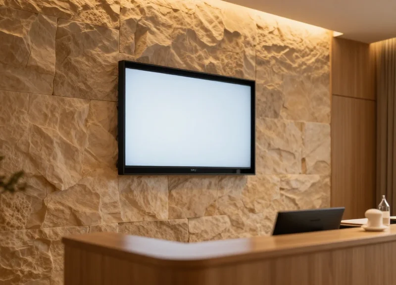 A luxury spa reception area with a serene atmosphere and a modern digital pricing display seamlessly integrated into a stone wall.