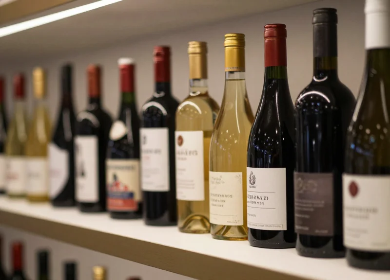 Close-up of premium luxury cosmetics and wine on a retail shelf with elegant lighting