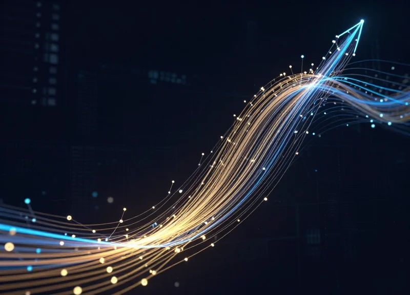 Abstract visualization of financial growth and ROI with glowing golden and blue light trails.