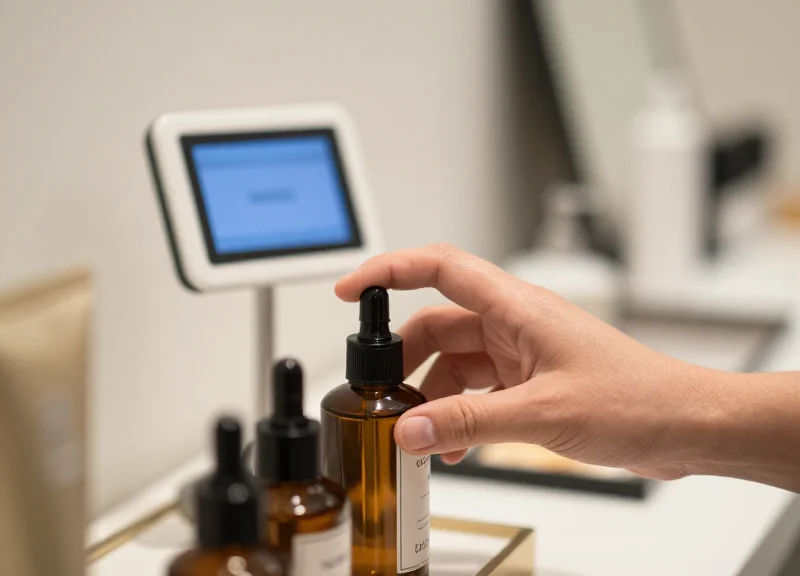 A spa guest interacting with a digital display next to luxury beauty products