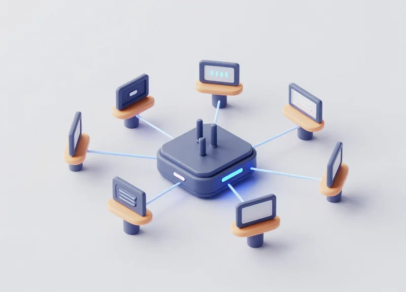 Isometric 3D model of a wireless communication hub connecting electronic labels in a pharmacy network.