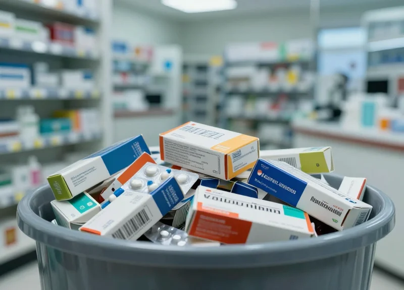 A close-up of a waste container filled with expired medicine boxes in a pharmacy setting.