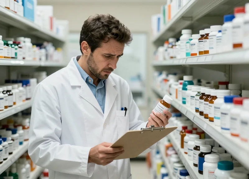 A pharmacist looking overwhelmed while manually checking medicine expiration dates with a clipboard.
