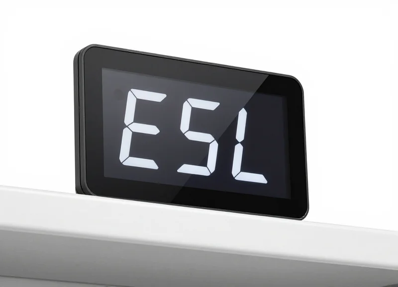 A high-tech electronic shelf label for pharmacies with a digital display.