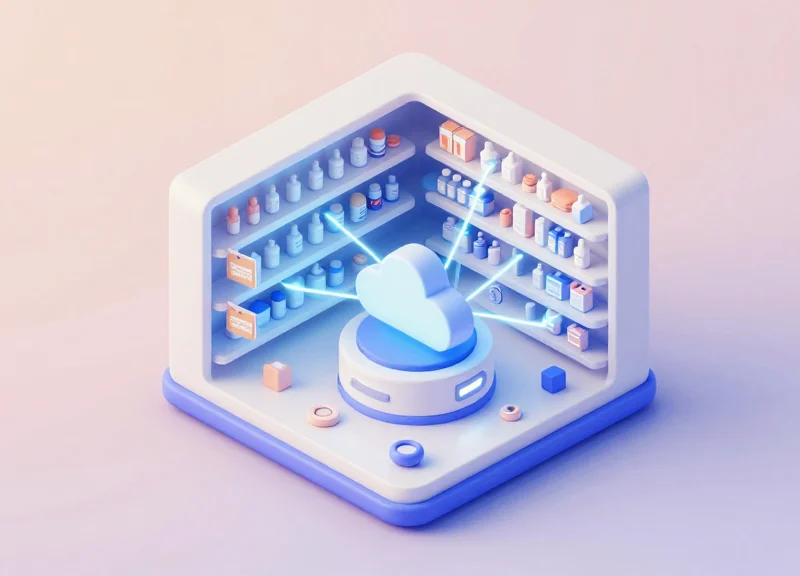 An isometric 3D model of a pharmacy shelf system connected to a central data server.