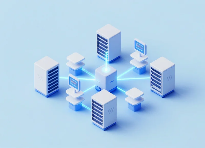 Isometric 3D model of a connected pharmacy system showing servers, digital tags, and wireless connectivity.