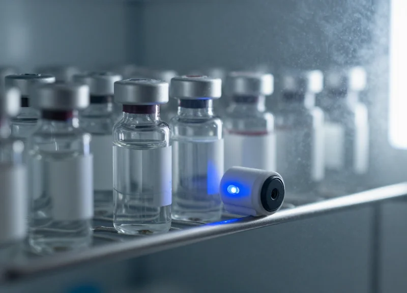 Medicine vials inside a high-tech medical refrigerator with a glowing temperature sensor.