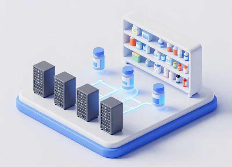 Isometric 3D model showing a cloud computing network connecting hospital server racks to pharmacy medication shelves.
