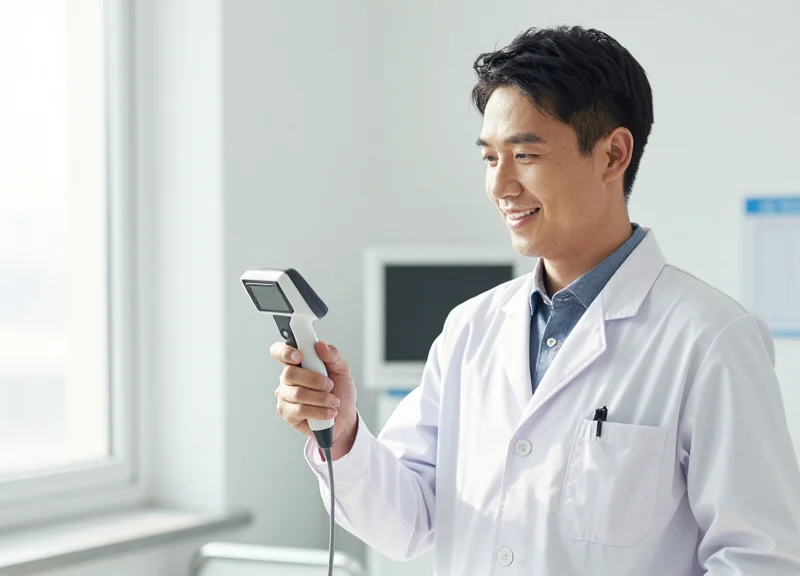 A happy pharmacist using a digital handheld device in a brightly lit pharmacy.