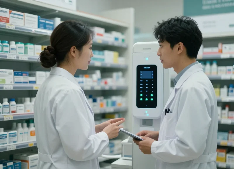 A professional pharmacist using a high-tech smart shelving system in a modern clinic pharmacy with precision lighting.