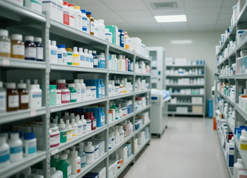 A wide-angle shot of a modern hospital storage room with organized medical supplies and inventory systems.
