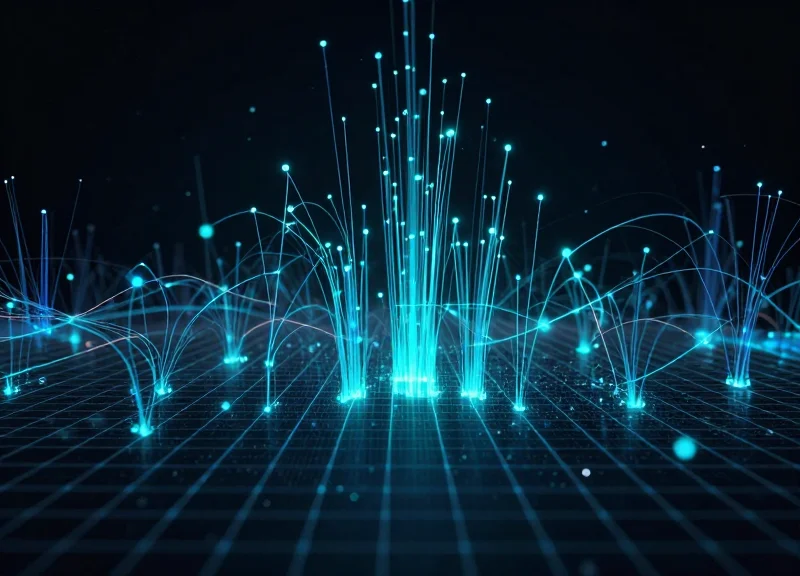 Abstract digital visualization of flowing data streams and glowing nodes representing future healthcare trends.