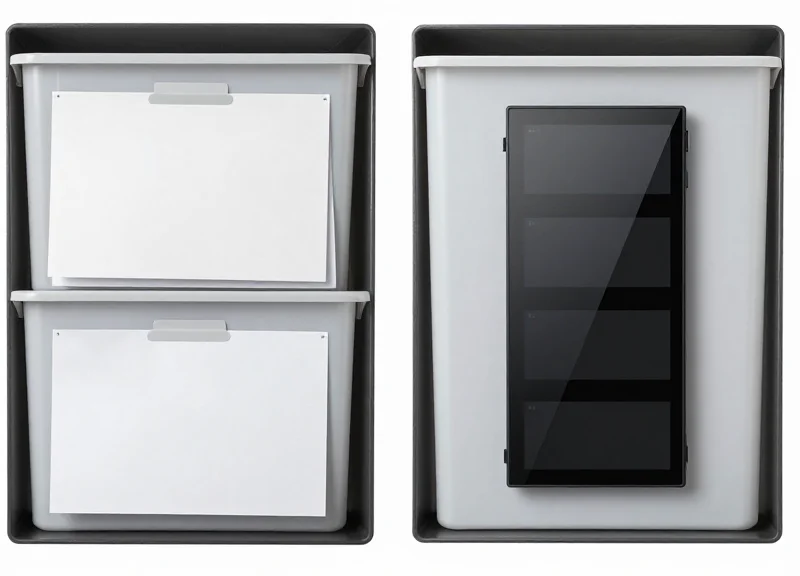 Side-by-side comparison of two medical bins, one with traditional messy tags and one with a clean electronic display.