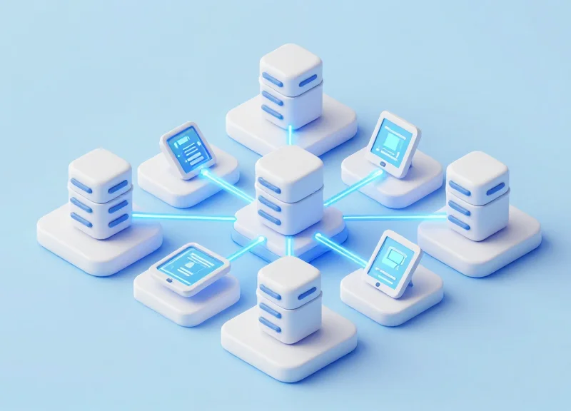 Isometric 3D illustration showing the synchronization between a hospital central server and digital bedside devices through glowing data lines.