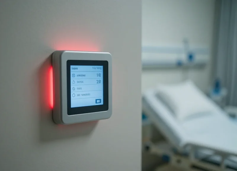 A modern hospital bedside setting where a digital bed card glows with a soft indicator light to alert clinical staff.