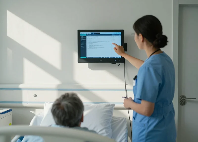A professional nurse updating patient information on a digital wall-mounted screen next to a modern hospital bed.