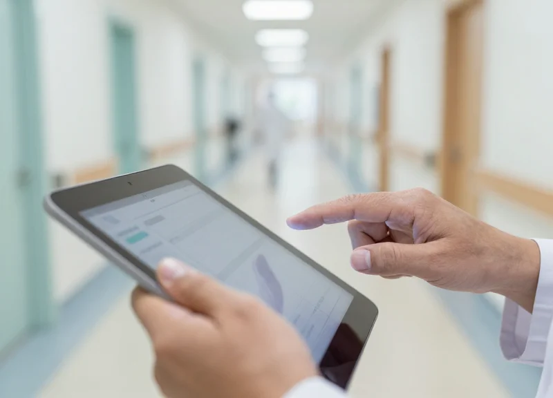A healthcare professional working efficiently at a digital nursing station with a blurred hospital hallway background.