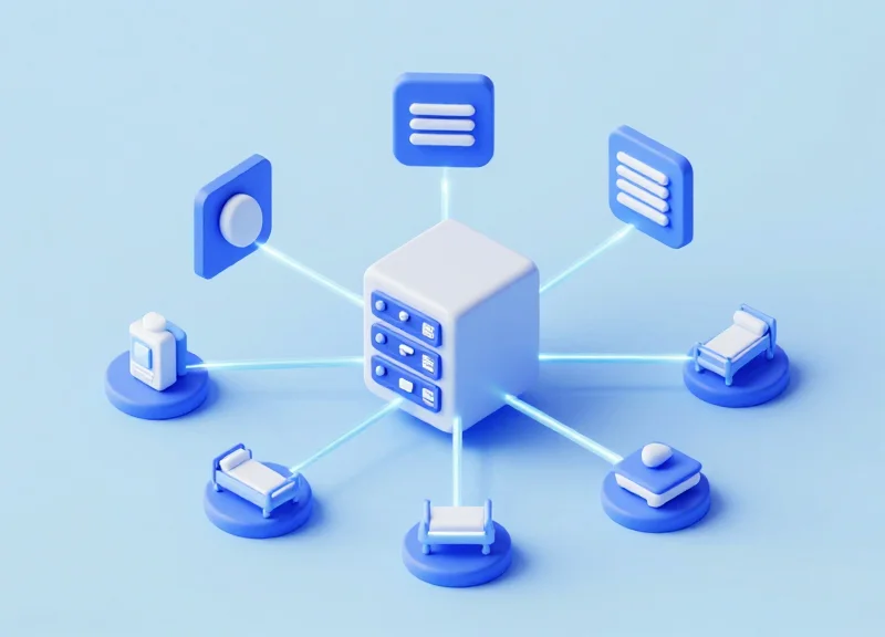 3D isometric model showing connectivity between hospital central servers and bedside digital cards.