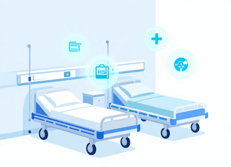 Flat vector illustration representing the digital transformation of a hospital ward through technology integration.