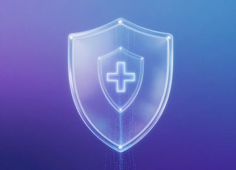 Surrealist digital art showing a glowing shield protecting a flow of patient data symbols.