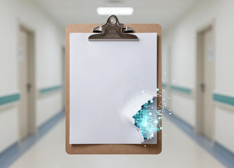 Surreal transition from a traditional clipboard to glowing digital pixels in a medical setting