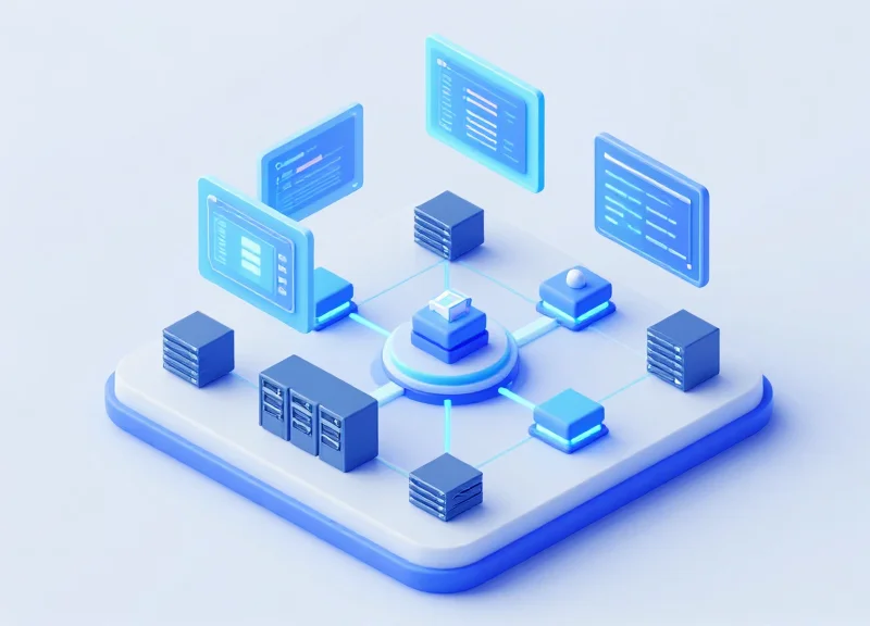 Isometric view of hospital servers integrating with digital patient signage systems