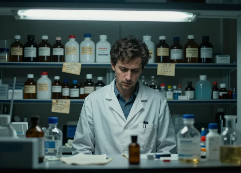 A stressed laboratory technician looking at a messy shelf of reagent bottles with handwritten labels in a dim lab.